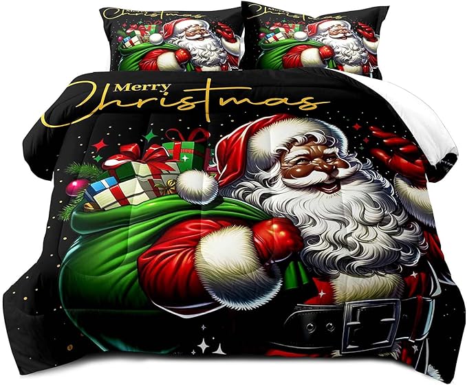 LUVIVIHOME 3PCS Merry Christmas Comforter Set Full Size, African American Black Santa Claus Bedding, Winter Xmas Funny Christmas Bedroom Decor for Kids Boys Girls Teens, Xmas Gifts, 2 Pillow Shams