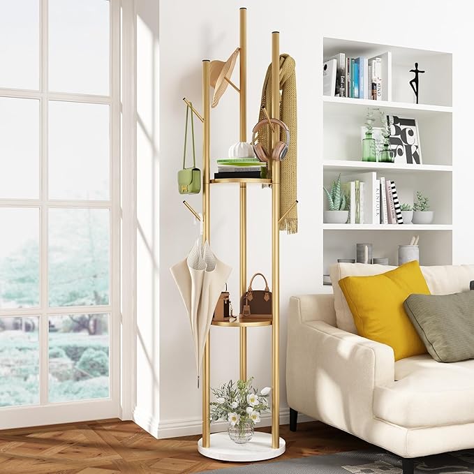Gold Coat Racks Freestanding with 9 Hooks, Metal Coat Stand with Heavy Marble Base, Entryway Coat Tree Hanger, Purses Racks