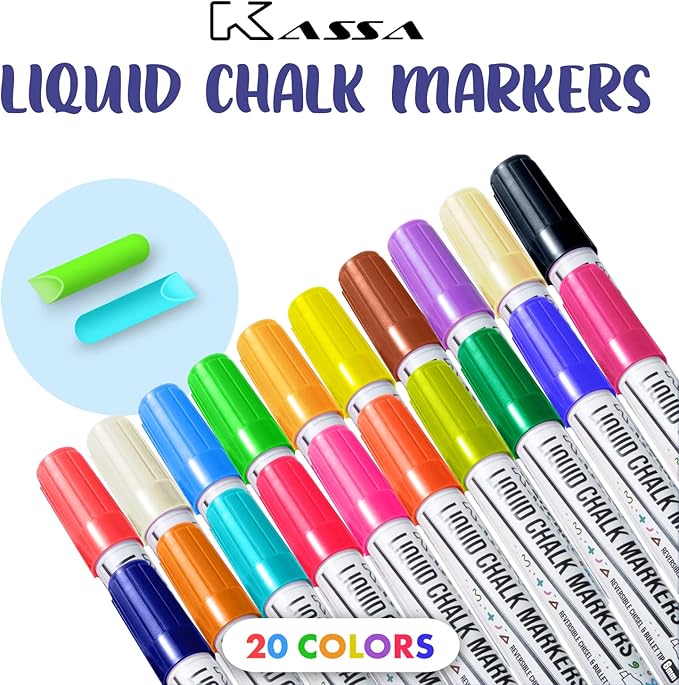 Kassa 20-Pack Liquid Chalk Markers | Includes 20 Colors with Reversible Bullet & Chisel Tips | Works on Chalkboards, Windows & Glass | Erasable & Dust-Free | Ideal for Use at Home & Office