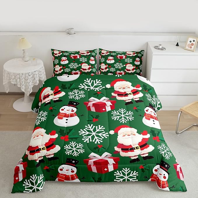 jejeloiu Merry Christmas Comforter Set Twin Size Xmas Santa Claus Bedding Set for Kids Boys Girls Cute Snowman Duvet Quilt Green Bedroom Decor