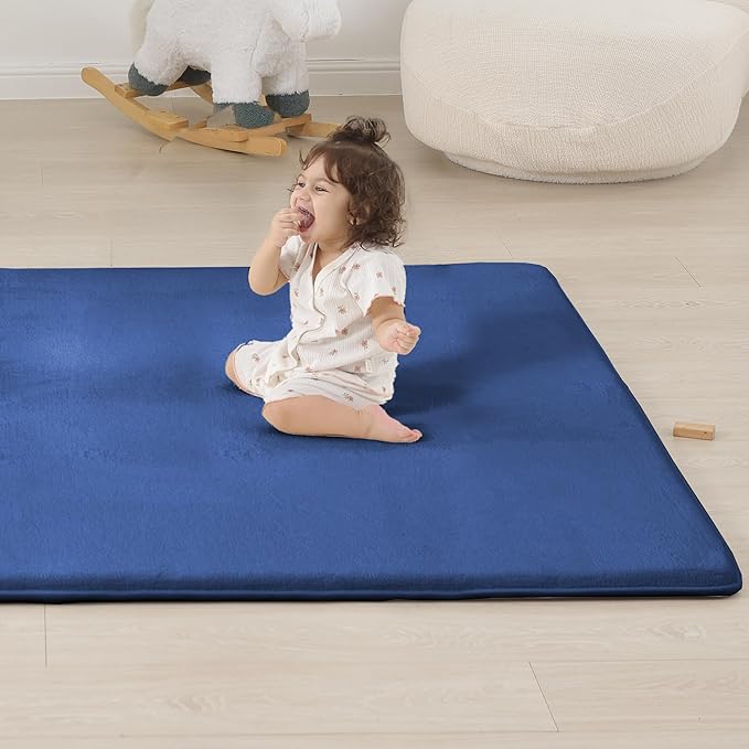 1.3" Thick Baby Floor Play Mat 79x118, Basic Padded Foam Mat for Tummy Time Gym Crawling, Non Slip Cushioned for Babies Toddlers Infants Kids (Blue)
