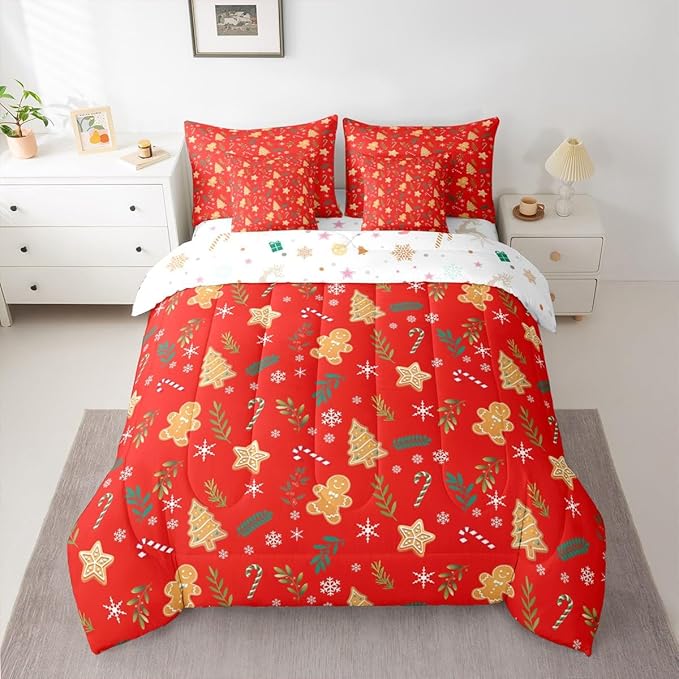 Feelyou Christmas Tree Comforter Set King Size 7 Pieces Cute Gingerbread Man Bedding Set for Kids Boys Girls Red Botanical Bed in a Bag Reversible Xmas Decor Bedroom Quilted Breathable Soft