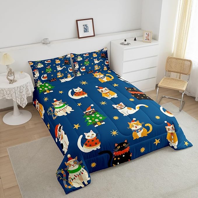Erosebridal Merry Christmas Kids Cartoon Bedding Set Toddler Size Cute Cat Comforter Set Xmas Tree Quilts for Teens Boys Girls Room Decor,Kawaii Animals Duvet Insert,Blue