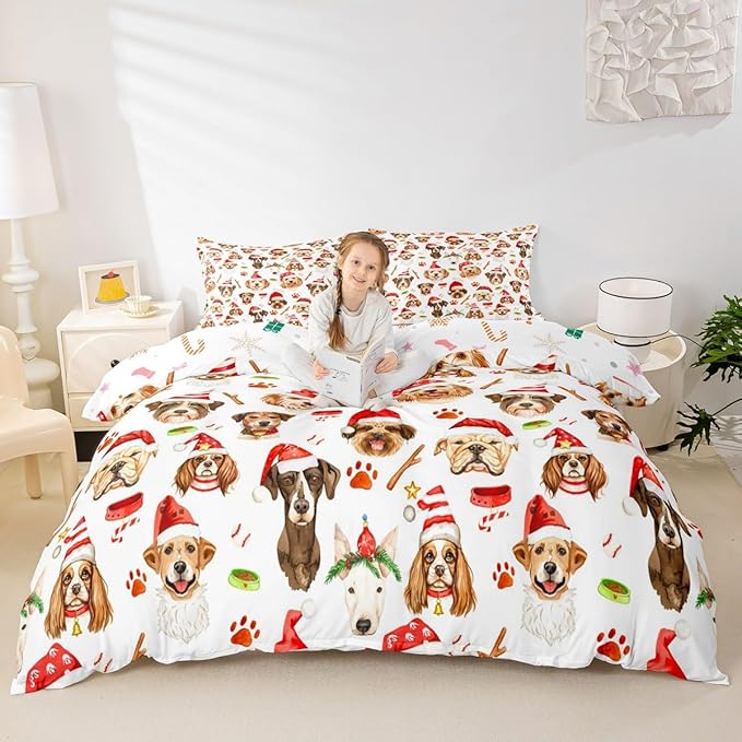 Christmas Kids Bedding Set Cartoon Puppy Dogs Xmas Theme Bedding Duvet Cover Set for Boys Girls New Year Decor Comforter Cover Set Animal Pattern Bedspread Cover Bedroom Quilt Cover 2Pcs Toddler Size