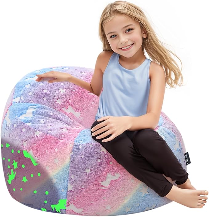 COMAX Unicorn Bean Bag Chairs for Kids, Toddler BeanBag Sofa with Filler Bean Couch Stuffed for Boys and Girls, Lazy Floor Chair for Playroom, Nursery Room, Glowing Rainbow