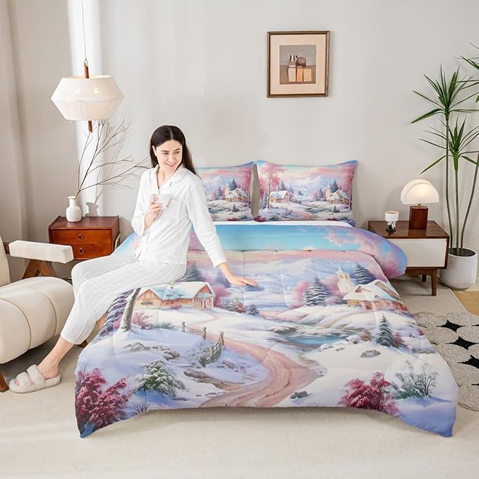 Feelyou Merry Christmas Kids Comforter Set King Size Village Barn Bedding Set Winter Snowscape Duvet Quilt for Kids Boys Girls Bedroom Pine Tree Decor Microfiber Ultra Soft Breathable