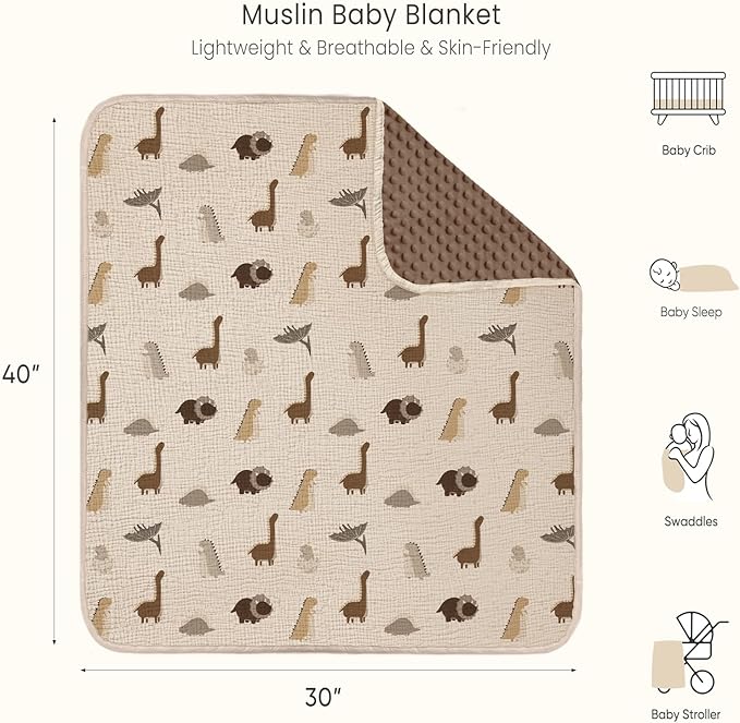 lulumoon Baby Blankets for Boys Newborn: Reversible Muslin & Minky Dinosaur Print - Thermal Receiving Blanket for Stroller & Registry Gift 30"x40"(Dinosaur)