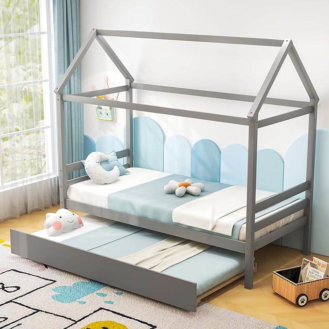 KOMFOTT Twin House Bed with Trundle, Solid Wood Playhouse Platform Bed Frame, Kids Daybed with Roof for Girls & Boys, No Box Spring Needed, Noise-Free Design, Easy Assembly, Grey