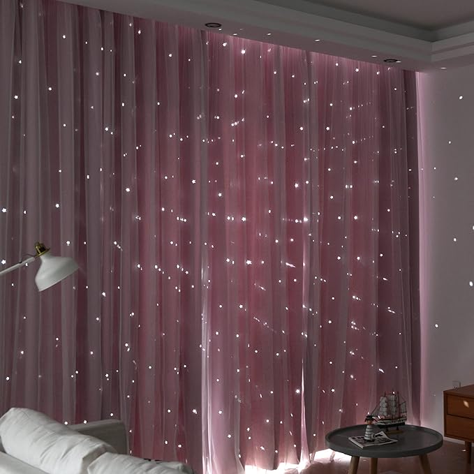 Kinryb Princess Curtains for Girls Bedroom with Sheer Overlay,Double Layer Curtain for Living Room with Star Cutout, Curtains for Kids Room (70 W*95 L Inches,2 Pcs Pink)