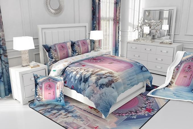 Feelyou Merry Christmas Kids Comforter Set Twin Size Winter Snowscape Bedding Set Pink Door Duvet Quilt for Kids Boys Girls Bedroom Garland Xmas Tree Decor Microfiber Ultra Soft Breathable