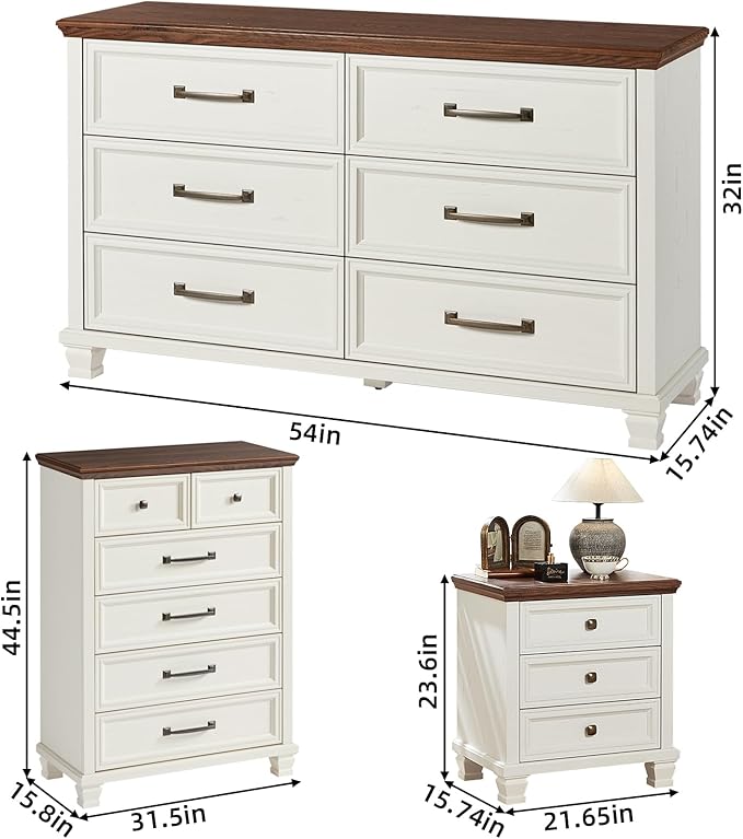 Farmhouse Bedroom Dresser and Nightstand Set of 4, 6 Drawer Tall & Low Dresser & 3 Drawer Nightstand Set with Wooden Legs, Rustic Wood Furniture Sets for Bedroom, Hallway, White