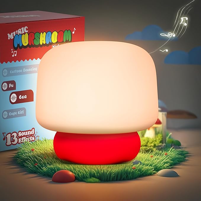 UNEEDE Mushroom Lamp for Kids, 13 Sound Effects Toddler Night Light, Squishy Nursery Mushroom Decor with Timer, Christmas Birthday Gift