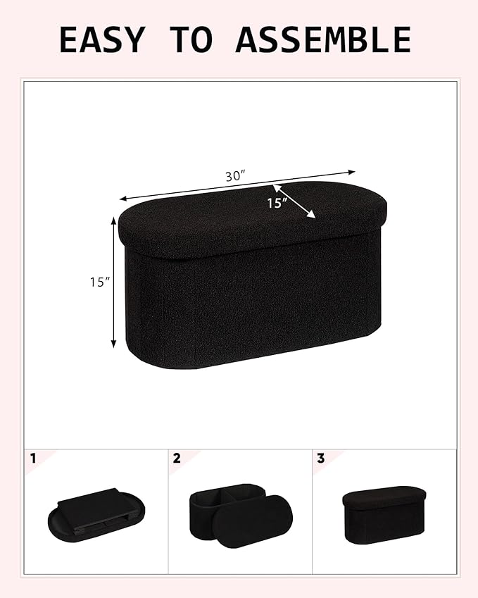 30" Oval Foldable Ottoman with Storage, Teddy Boucle Fabric Footrest, Storage Bench for Living Room, Bedroom, Entryway, Dorm, Black