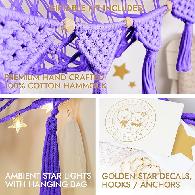 Macrame DreamLights Boho Stuffed Animal Storage Net Hammock Extra Large Plush Toy Storage Holder For Small Or Large Plushies PURPLE (Purple)