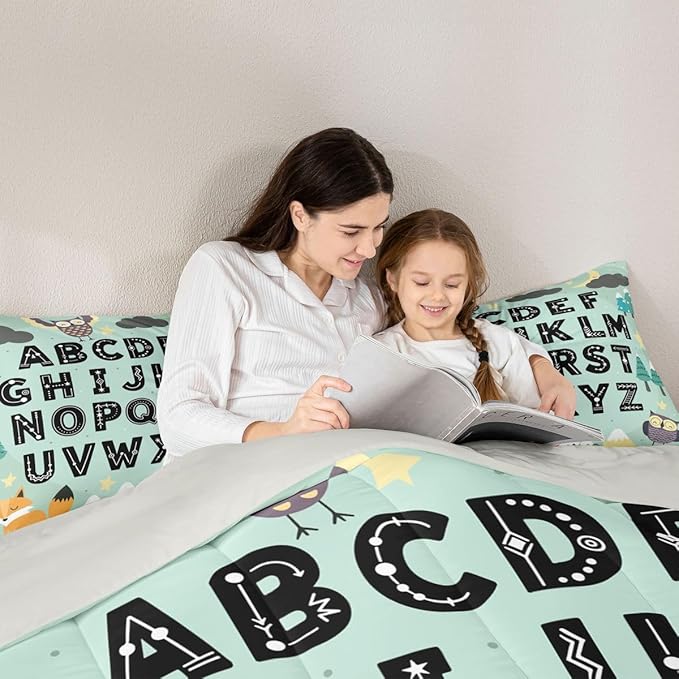 Feelyou Alphabet Kids ABC Learning Comforter Set All Season Cute Fox Bedding Set with 2 Pillow Cases Educational Nursery Art Microfiber Kids King Bedclothes Woodland Animals Bedroom Decor Duvet Quilt