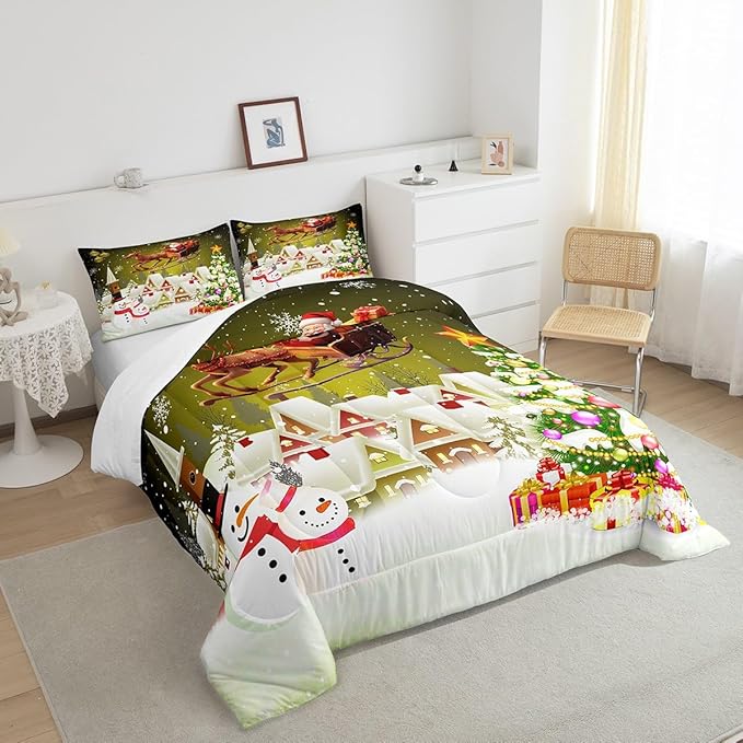 Manfei Christmas Comforter Set Twin Size, Xmas Tree Snowman Quilt Set with 1 Pillowcase, Santa Claus with Deer Bedding Set 2pcs for Kids Boys Girls Room Decor New Year Theme Duvet Insert