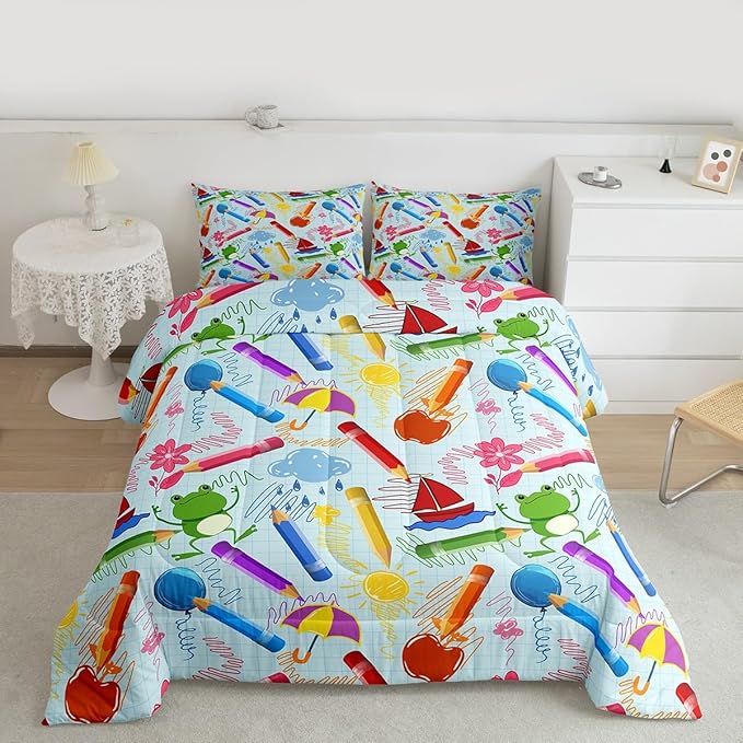 Feelyou Kids Cartoon Pencil Comforter Set Queen Size, Colorful Nursery Bedding Set Cute Crayon Comforter for Kids Boys Girls Funny Art Printed Duvet Set Durable Bed Set 3Pcs