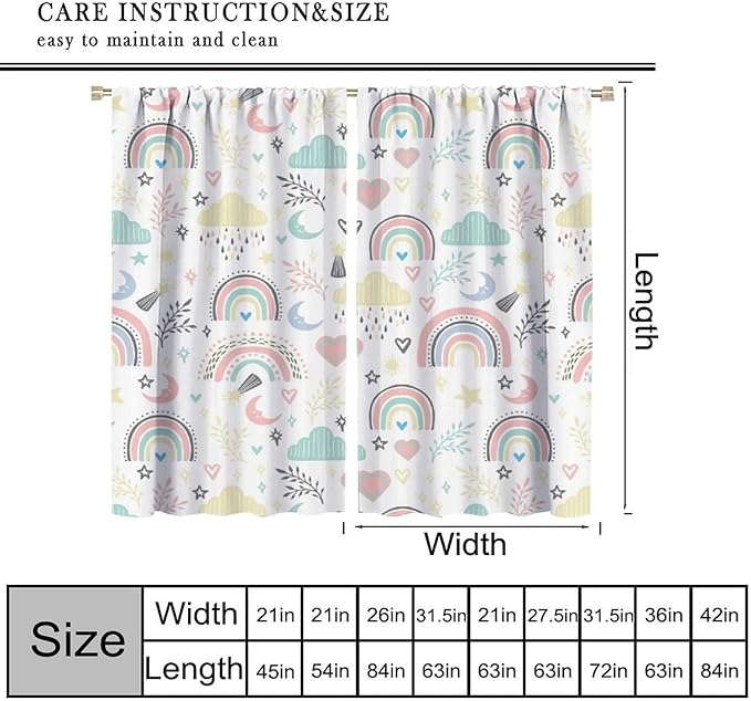 Boho Rainbow Curtains for Kids Nursery Colorful Floral Sun Star Clouds Pastel Bohemian Pattern Print Window Drapes for Girl Bedroom Living Room Kitchen Decor,2 Panel Set,42Wx45H Inch Blackout