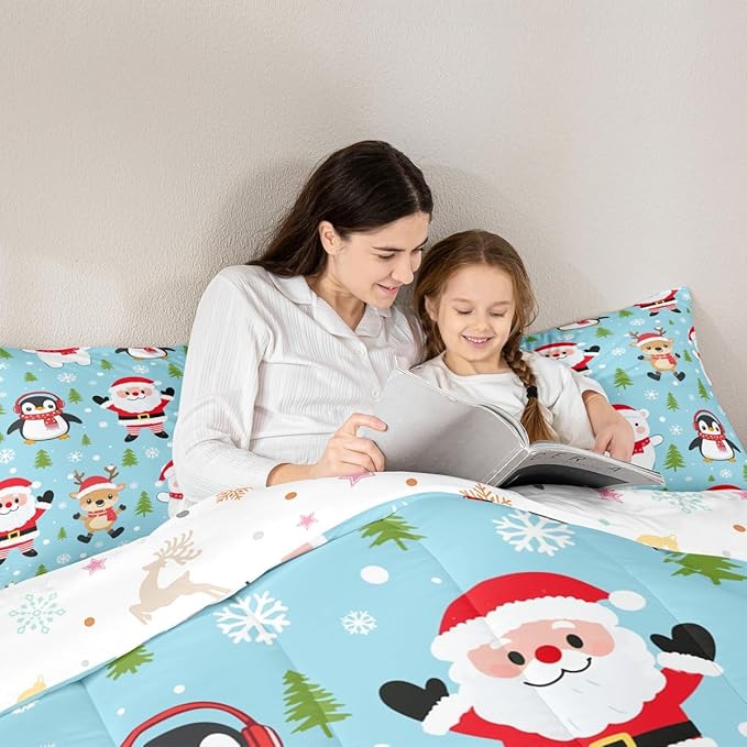 Feelyou Christmas Comforter Set King Size Santa Claus Bedding Set for Kids Boys Girls Penguin Deer Duvet Quilt Xmas Snowflake Tree Bedroom Decor Microfiber 3 Pcs with 2 Pillow Cases