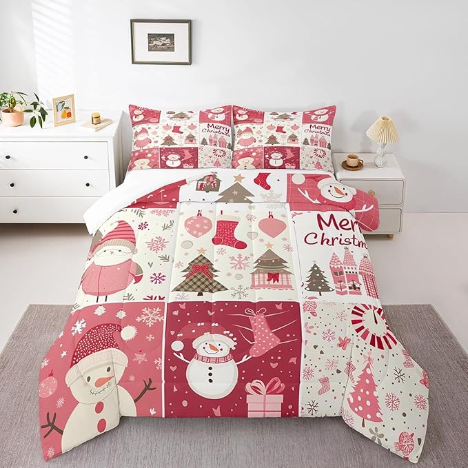 Christmas Tree Comforter Set Twin Size,Merry Christmas Bedding Set for Kids Boys Girls Room Decor,Snowman Christmas Tree Snowflake Quilt Set 2Pcs,Cartoon Plaid Patchwork Duvet Insert,1 Pillowcase