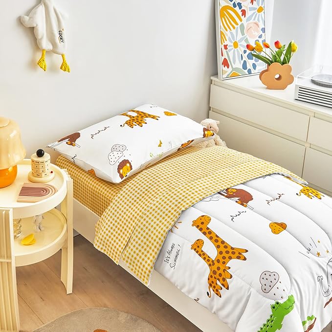 Flysheep 4 Piece White Toddler Bedding Set for Baby Girls and Boys, Cute Animals Printed - Includes Quilted Comforter, Flat Sheet, Fitted Sheet & Pillow Case, Soft Microfiber