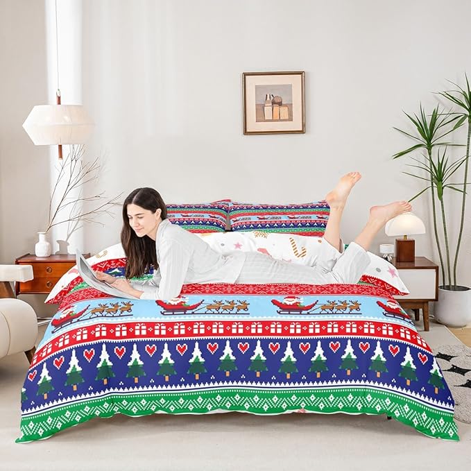 Christmas Duvet Cover Cartoon Santa Claus Deer Bedding Set for Kids Boys Girls Teens Room Decor Christmas Tree Comforter Cover Set Exotic Ethnic Pattern Bedspread Cover 2Pcs Zipper Toddler Size