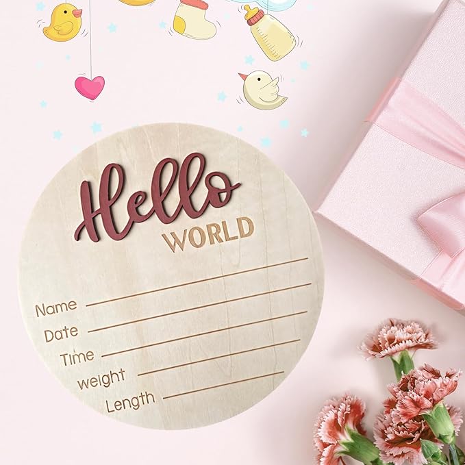 Baby Announcement Sign, 5.9 Inch Wooden Hello World Newborn Signs, Birth Announcement Sign, Baby Shower Hospital Nursery for Newborn Boys and Girls (Tea Red)
