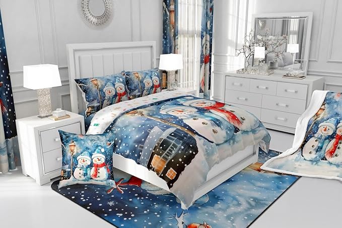 Feelyou Christmas Kids Comforter Set Queen Size Blue Watercolor Snowman Bedding Set Xmas Winter Duvet Quilt for Kids Boys Girls Bedroom Snowflake Decor Microfiber Ultra Soft Breathable