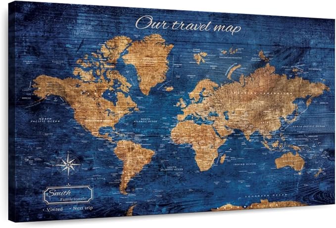 ElephantStock - Personalized Our Travel I Push Pin World Map Wall Art - Horizontal Canvas Wall Art - Living Room Wall Decor - Digital Art Map Canvas Art - Brown And Blue Decor - 24" x 16"