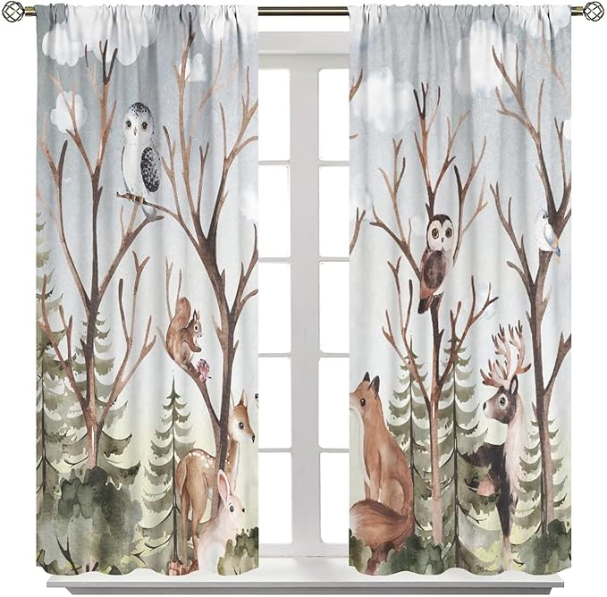 Forest Curtains, Cartoon Woodland Animals Tree Birds Moose Rabbit Mushroom Print Pattern Kids Bedroom Window Treatments Curtains 55x63in