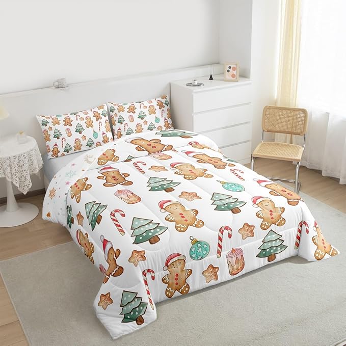 Feelyou Pink Gingerbread Comforter Set Queen Size Christmas Bedding Set for Kids Boys Girls Candy Cane Duvet Quilt Xmas Bedroom Decor Microfiber 3 Pcs with 2 Pillow Cases
