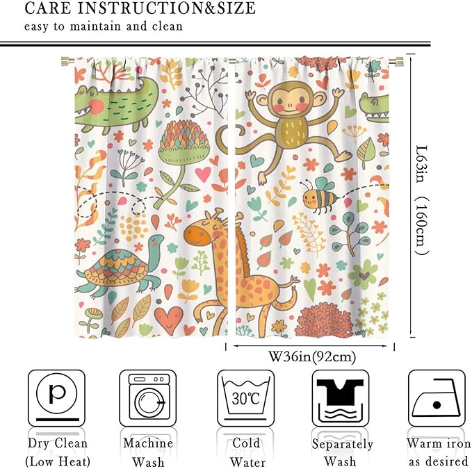 Cute Monkeys Curtains, Zoo Theme Cartoon Funny Animals Crocodile Giraffe Turtle with Flowers Print Thermal Insulation Window Drapes for Kids Boys Girls Baby Bedroom Living Room 72x63in