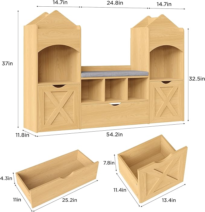 Vabches 54.3’’ Kids Bookshelf with Reading Nook, Toy Storage Organizer with Seat Cushion, LED Lights and 3 Movable Drawers, Castle-Shaped Bookcase with Bench for Playroom, Nursery, Bedroom (Natural)