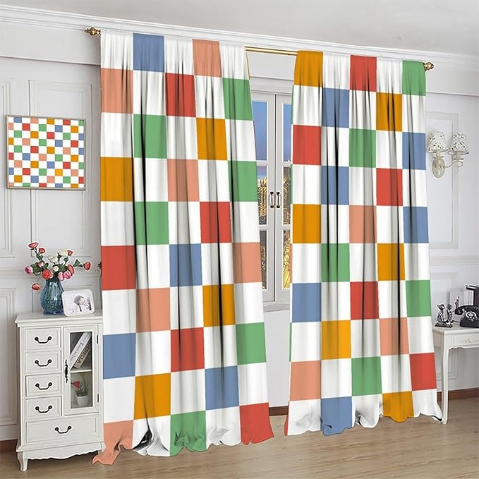 Retro Checkered Curtains,70s Vintage Twisted Checkered Window Drapes Colorful Groovy Trendy Wavy Hippie Grid Print Window Treatments for Kids Girls Bedroom Living Room Bathroom 42" W X 63" L