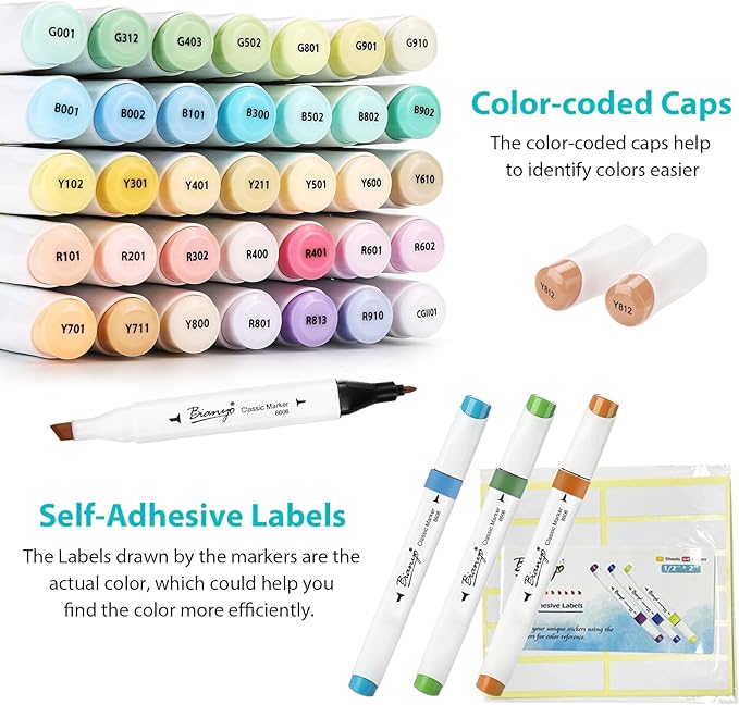 Bianyo 36 Pastel Colors Alcohol Markers Set, Dual Tip Fine and Chisel Art Markers Set with Black Travel Case with a Designable Card for Coloring, Sketching, Drawing, Outlining, Highlighting