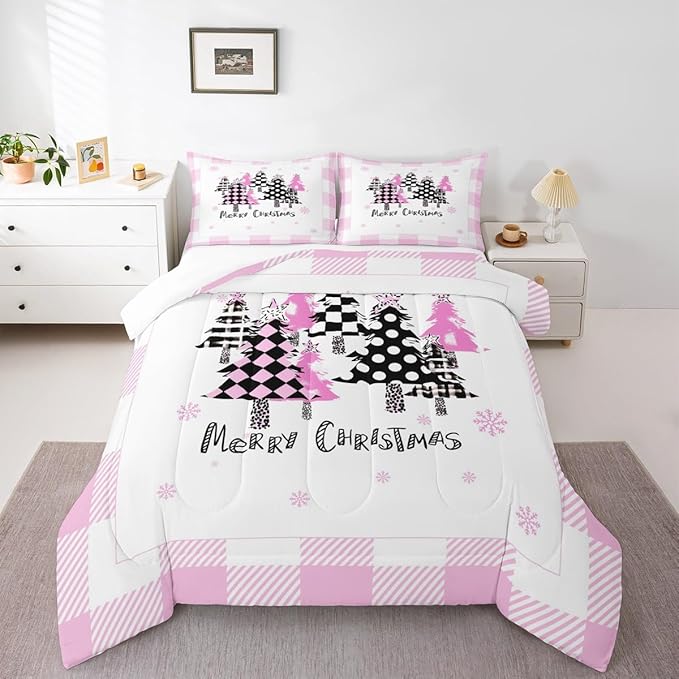 Manfei Xmas Trees Comforter Set Full Size, Pink Plaid Grid Snowflake Down Comforter with 2 Pillowcases, Christmas Theme Bedding Set 3pcs for Kids Girls Adults Room Decor New Year Duvet Insert