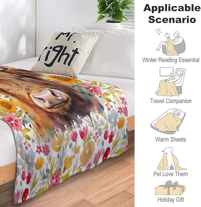 Highland Cow Blanket Gifts - 50x40 Inches Vintage Throw Blanket for Women, Girls - Colorful Soft Fuzzy Blankets for Crib Couch & Travel - Aesthetic Highland Cow Gift Idea