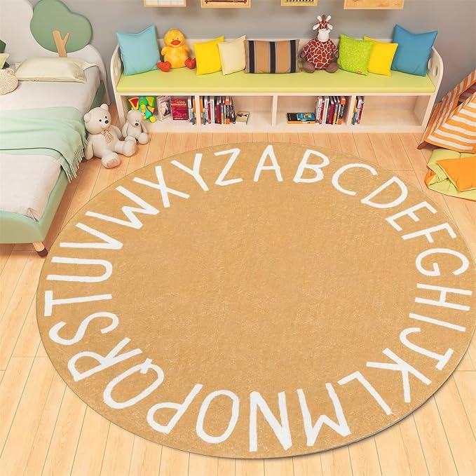 ABC Alphabet Round Rug,4ft Ultra Soft Fluffy Round ABC Rug Washable Non-Slip Baby Crawling Mat for Classroom Nursery Room Kids Room Decor