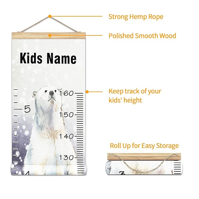 Personalized Kids Name Growth Chart Ruler for Wall Wood Frame Height Measure Chart 13.4x56 in Linen Hanging Height Growth Chart Winter Snow Animal Polar Bear Kids Room Decor