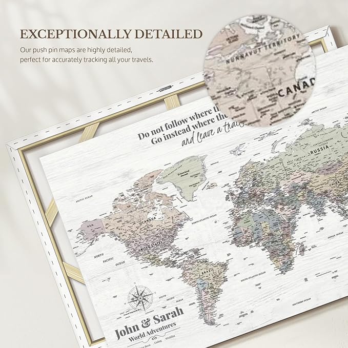 ElephantStock - Personalized Leave A Trail Iii Push Pin World Map Wall Art - Horizontal Canvas Wall Art - Living Room Wall Decor - Digital Art Map Canvas Art - White And Gray Decor - 48" x 32"