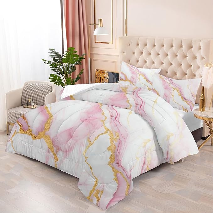 Comforter Set Pink Marble: King Size Bedding Sets for Women Girls Teens Bedroom Luxury Pink Gold Glitter Abstract Marbling Pastel Bed Set 1 Comforter & 2 Pillowcases