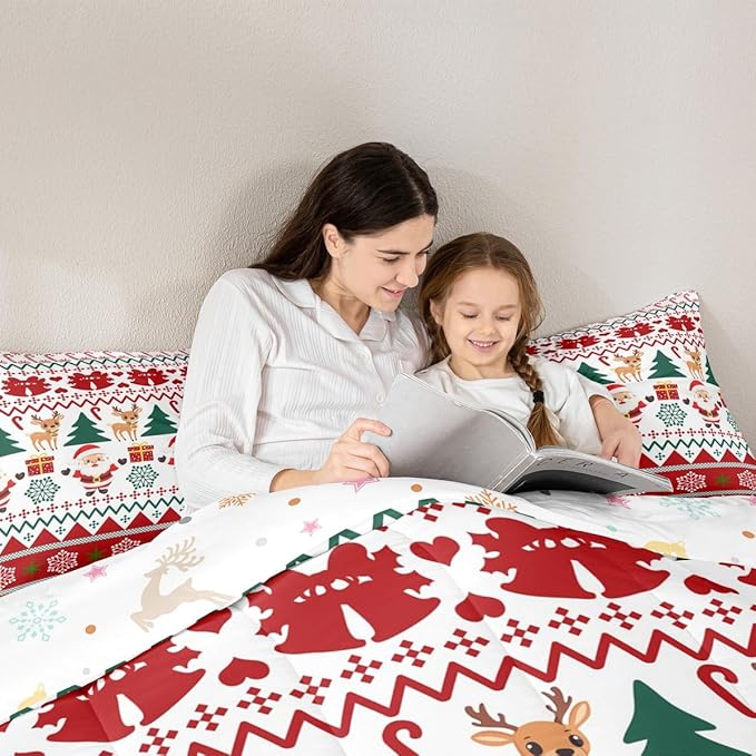 Feelyou Merry Christmas Comforter Set Toddler Size Santa Claus Bedding Set for Kids Boys Girls Cute Deer Duvet Quilt Snowflake Bedroom Decor Microfiber 2 Pcs with 1 Pillow Cases