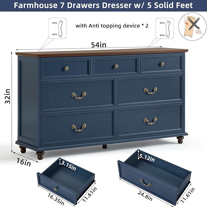 Farmhouse Dresser and Nightstand Sets, Wood 54" Wide Dresser & 24" Night Stand with Charging Station, 2 Piece Bedroom Furniture Set, Chest of Drawers for Bedroom, Home, Living Room, Hallway