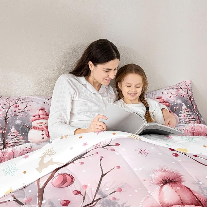 Feelyou Cute Snowman Comforter Set All Season Christmas Tree Bedding Set with 2 Pillow Cases Xmas Snowflake Microfiber Kids Queen Bedclothes Pink Scarf Bedroom Decor Pink Winter Scene Duvet Quilt