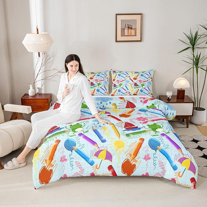 Feelyou Kids Cartoon Pencil Comforter Set King Size, Colorful Nursery Bedding Set Cute Crayon Comforter for Kids Boys Girls Funny Art Printed Duvet Set Durable Bed Set 3Pcs