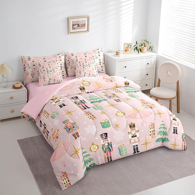 Erosebridal 7Pcs Pink Christmas Comforter Set King Size,Christmas Nutcracker Bedding Set,Dreamy Castle Princess Bed in A Bag,Xmas Galaxy Snow Quilt with Flat Fitted Sheet for Kids Boys Girls