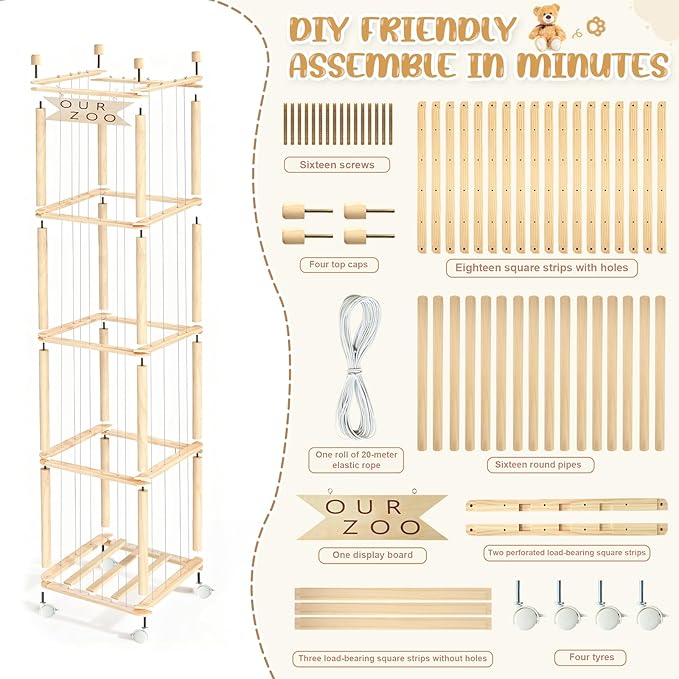 OurWarm Stuffed Animal Storage & Organizer, 68.5 Inch Large Wooden Zoo Stuffed Animal Holder with Wheels, Kids Toy Storage Organizer for Nursery Storage, Toddler Rooms, Playrooms, Bedroom Organization