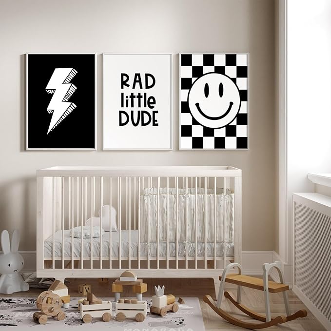 Boys Room Wall Art Decor Set of 3 Toddler Nursery Canvas Wall Art Baby Kids Wall Decor Black Checkered Smiley Poster Pictures Retro Playroom Rad Little Dud Art Prints for Bedroom 12x16 Inch Unframed