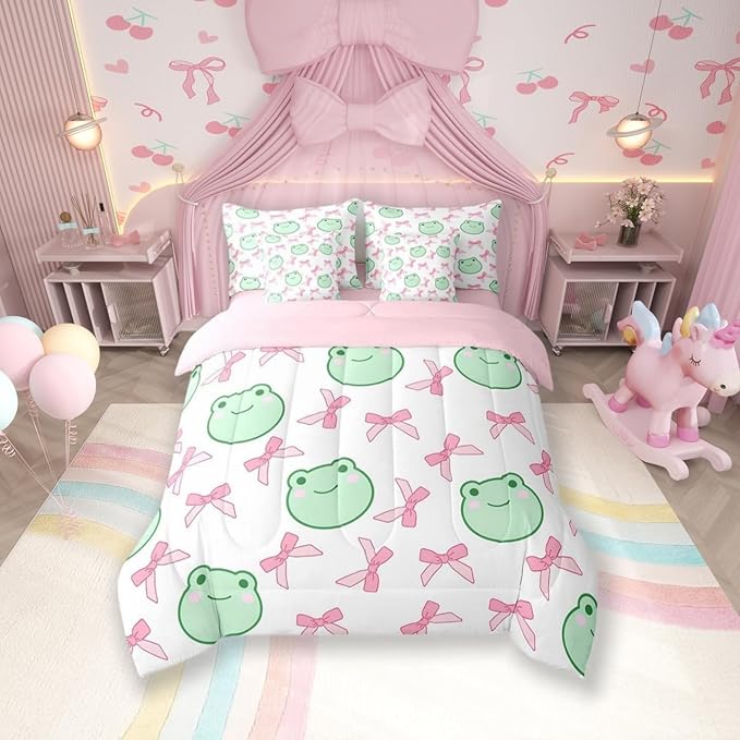 7 Pieces Pink Bowknot Comforter Set Full,Cartoon Frog Bow Tie Butterfly Knot Princess Bedding Set,Geometric Patchwork Cute Sweet（Comforter+Fitted+Flat Sheet+2 Pillowcases+2 Throw Pillow Covers）