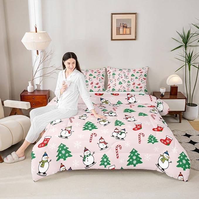 Feelyou Pink Christmas Comforter Set Queen Size Snowman Bedding Set for Kids Boys Girls Snowflake Duvet Quilt Xmas Tree Bedroom Decor Microfiber 3 Pcs with 2 Pillow Cases